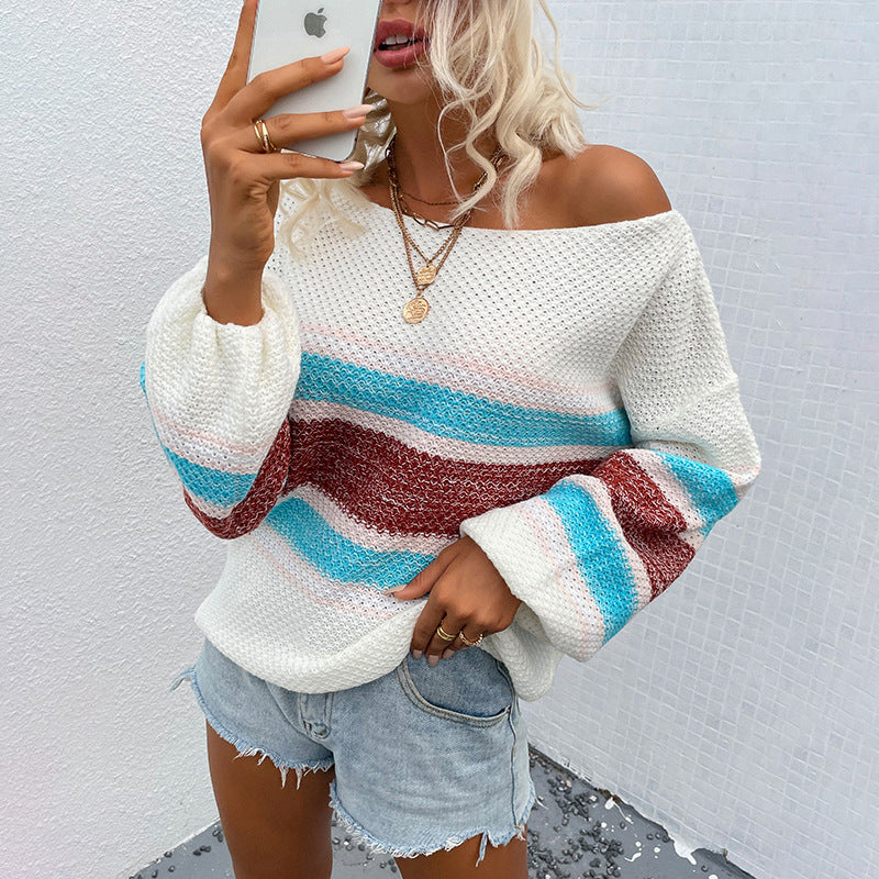 Pull en tricot décontracté pour femmes avec un décolleté large et un motif rayé unique Chic und Stil