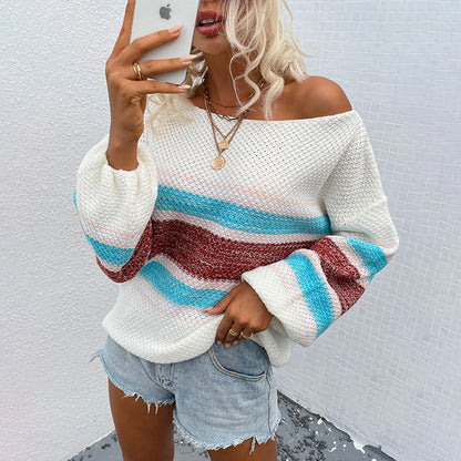 Pull en tricot décontracté pour femmes avec un décolleté large et un motif rayé unique Chic und Stil