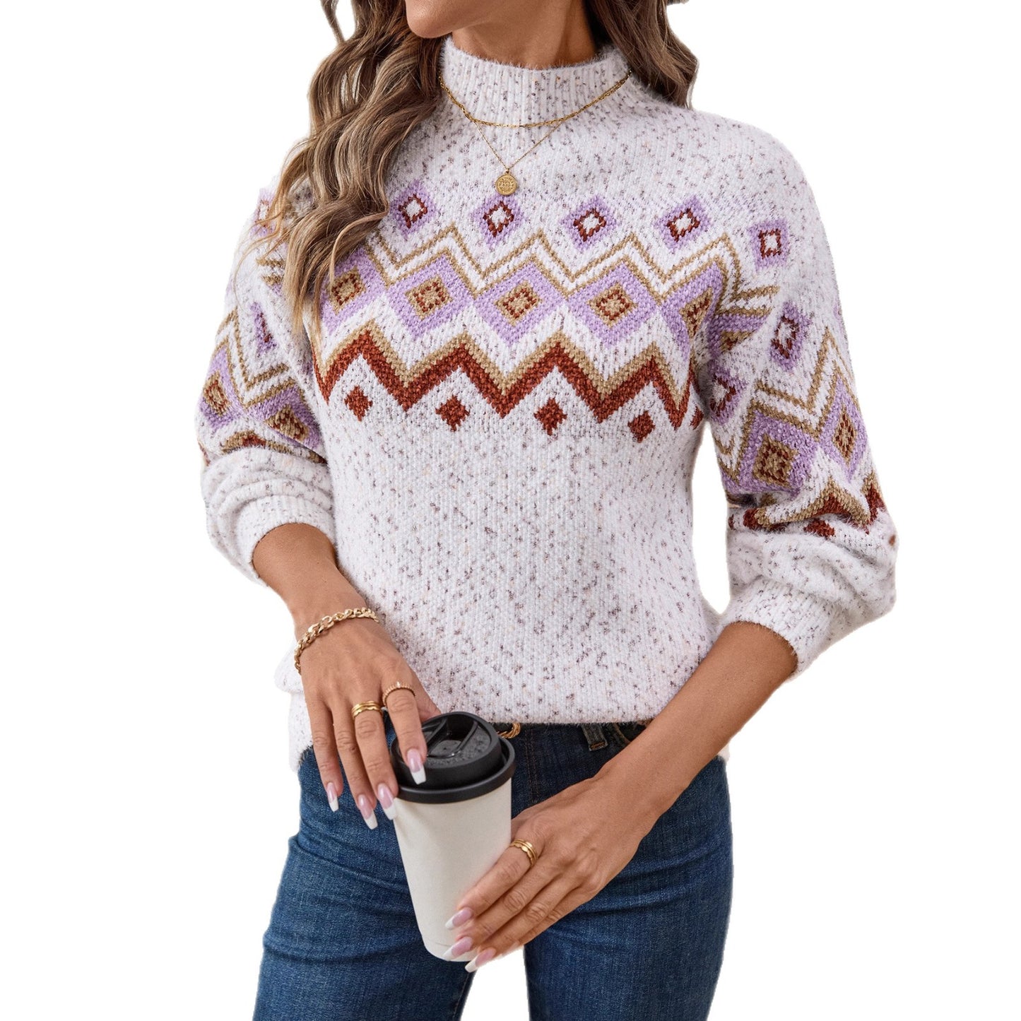 Pull en tricot pour femmes avec motif à la mode et col montant Chic und Stil