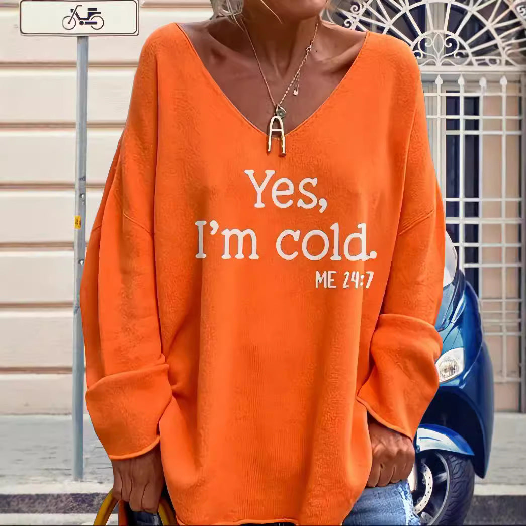 Dames pull oversized avec décolleté en V moderne et statement imprimé Chic und Stil