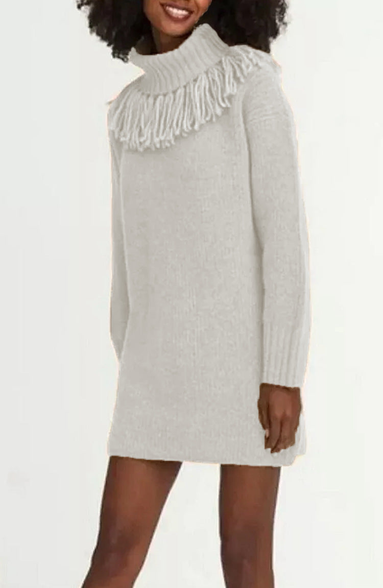 Robe tricot pour femmes avec col à franges et manches côtelées Chic und Stil