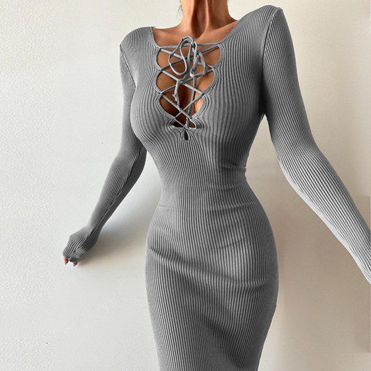 Robe midi côtelée pour femmes avec lacets Chic und Stil
