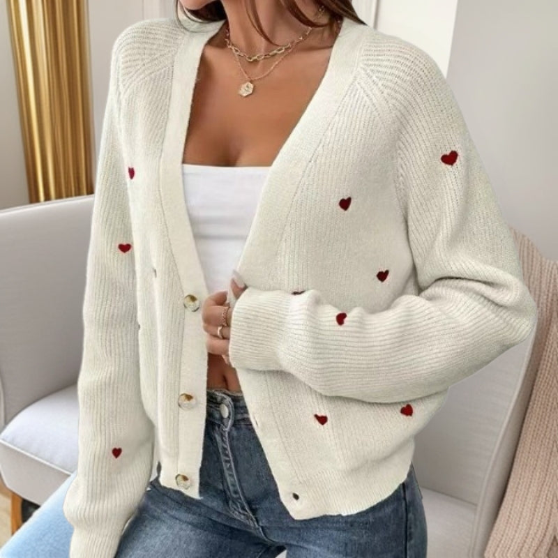 Dames cardigan décontracté avec applications en forme de cœur et décolleté en V profond Chic und Stil