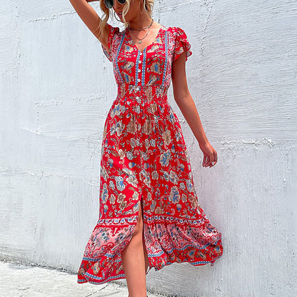 Robe maxi floral pour femmes avec taille froncée Chic und Stil