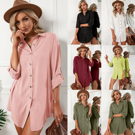 Robe chemise pour femmes en mélange de coton léger avec fermeture à boutons et manches longues Chic und Stil