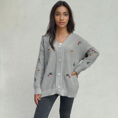 Dames Gros-Tricot Cardigan avec motif floral 3D et coupe confortable Chic und Stil