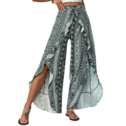 Bohemian Women's Palazzo Pants Printed with Side Slits and Ruffled Hem Chic and Style