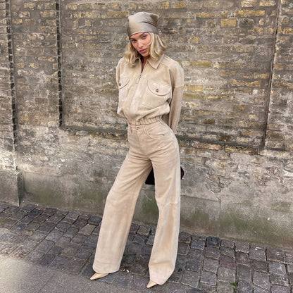 Women Quilted Leather Jacket and High Waisted Pants Chic and Style