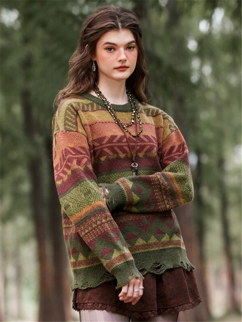 Pull à motifs pour femmes de style bohème avec ourlet frangé Chic und Stil