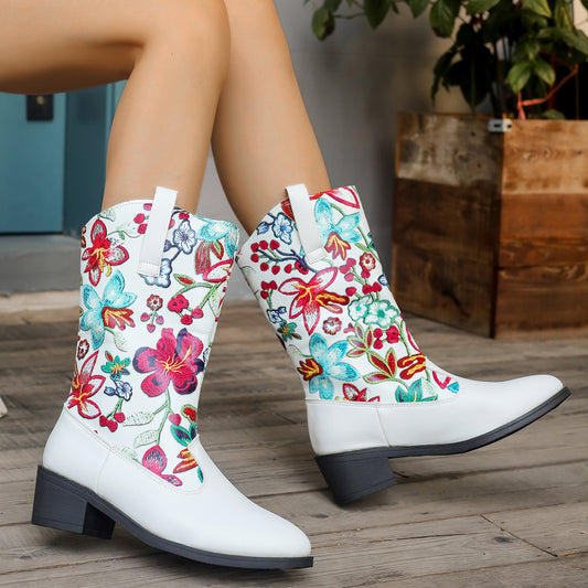 Bottes de cowboy pour femmes avec motif floral brodé et talon bloc confortable Chic und Stil
