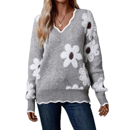 Pull en tricot pour femmes avec design floral et col en V Chic und Stil