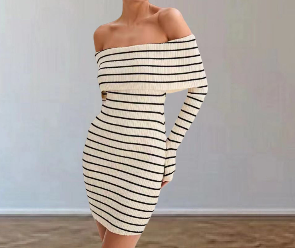 Robe en tricot à épaules dénudées pour femmes avec manches longues et motif rayé Chic und Stil