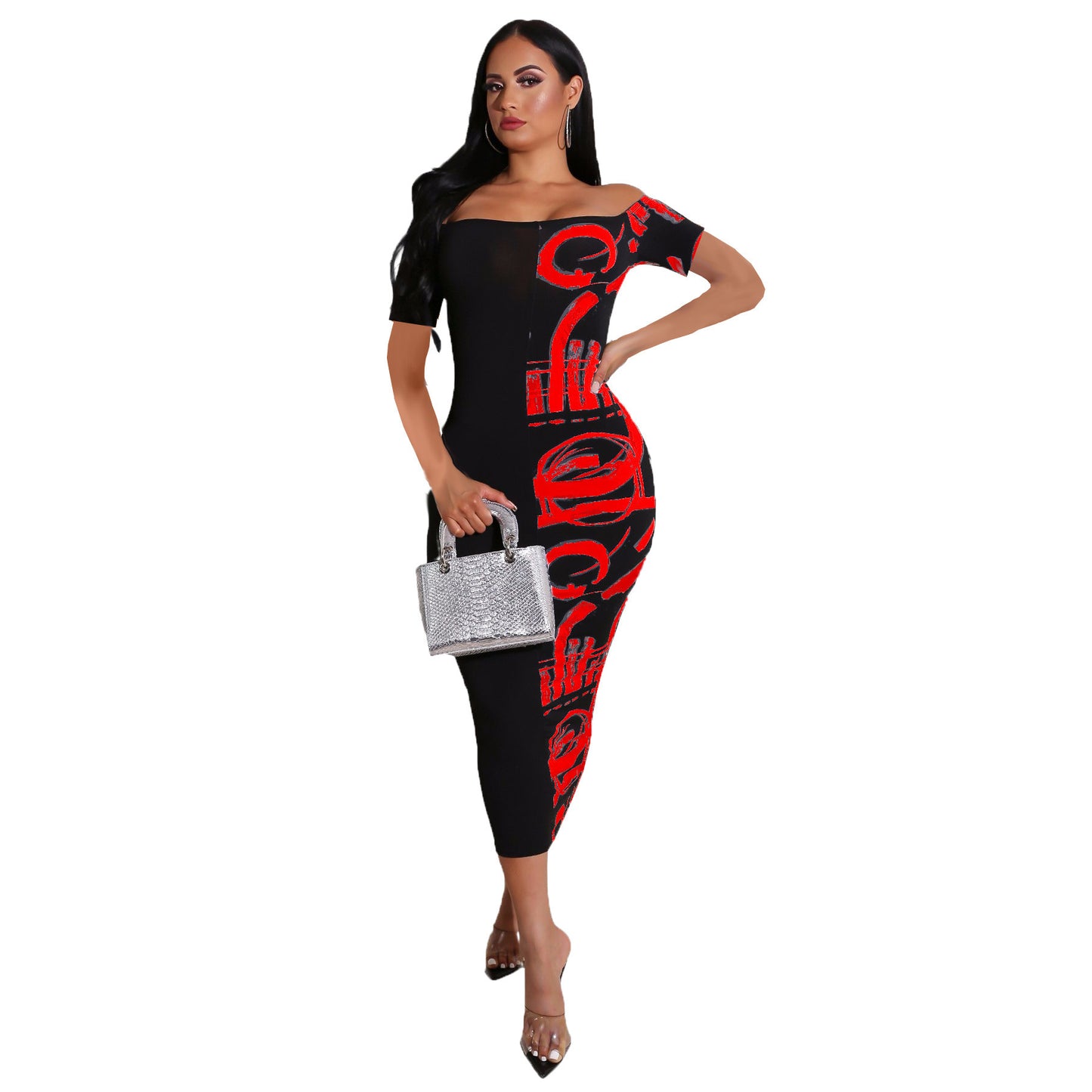 Femme Robe midi élégante à épaules dénudées avec impression graphique et silhouette cintrée Chic und Stil