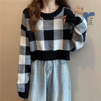 Pull cropped à motifs carreaux pour dames Chic und Stil