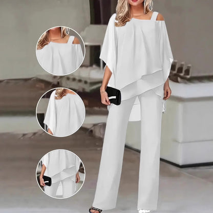 Dames Ensemble Élégant Deux Pièces avec Haut Fluide et Pantalon Évasé Chic und Stil