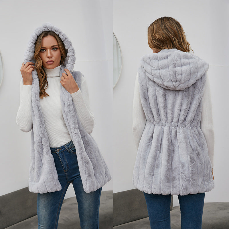 Dames Élégant Gilet à Capuche en Fourrure Synthétique Chic und Stil