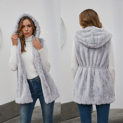 Dames Élégant Gilet à Capuche en Fourrure Synthétique Chic und Stil