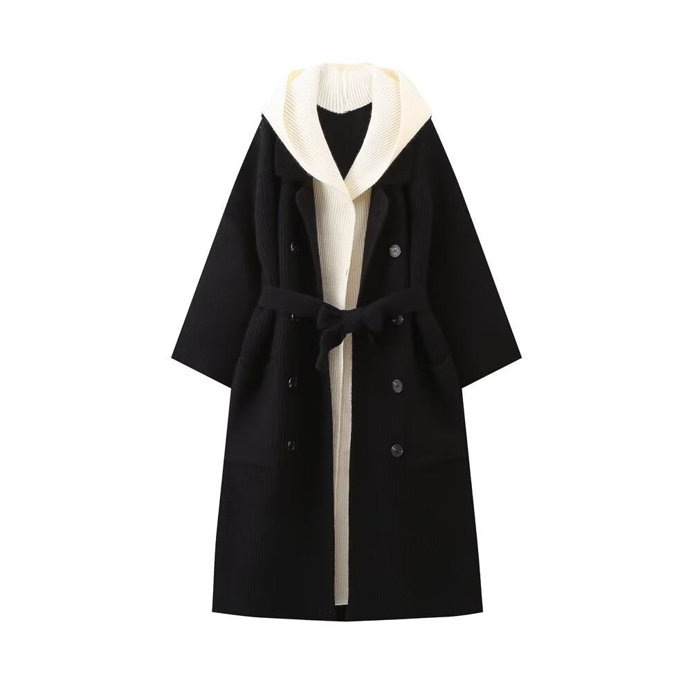 Dames cardigan long décontracté avec ceinture à nouer à la taille et col à deux couches Chic und Stil