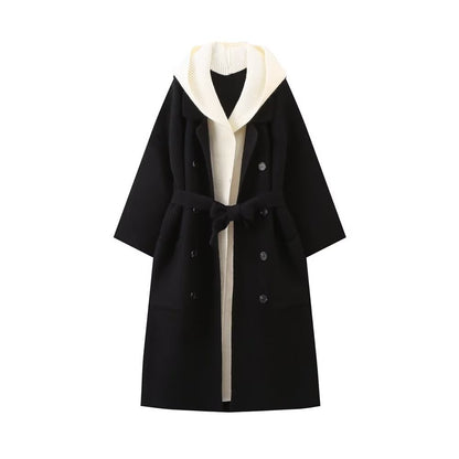 Dames cardigan long décontracté avec ceinture à nouer à la taille et col à deux couches Chic und Stil