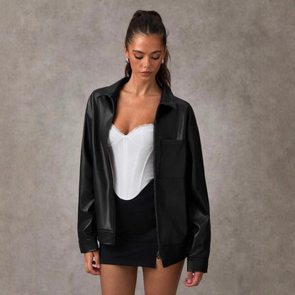 Damen Veste en simili cuir avec coupe oversize et poche poitrine pratique Chic und Stil