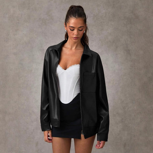 Damen Veste en simili cuir avec coupe oversize et poche poitrine pratique Chic und Stil