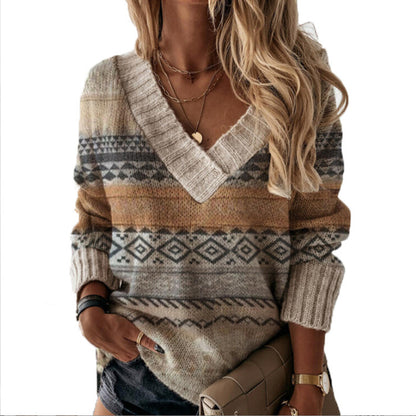Pull en tricot pour femmes avec un design graphique moderne et décolleté en V Chic und Stil