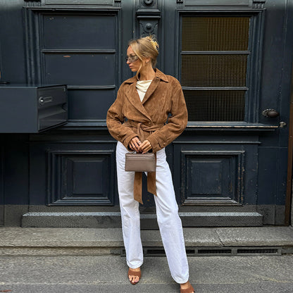 Ladies luxury suede jacket with adjustable belt and elegant lapels Chic and Style