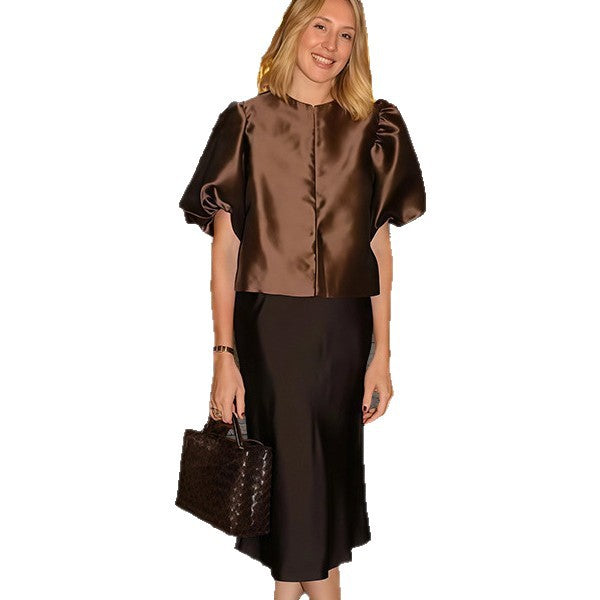 Dames Robe Midi Élégante avec Haut Texturé et Manches Volumineuses Chic und Stil