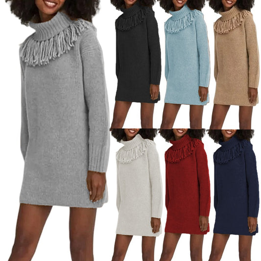 Robe tricot pour femmes avec col à franges et manches côtelées Chic und Stil