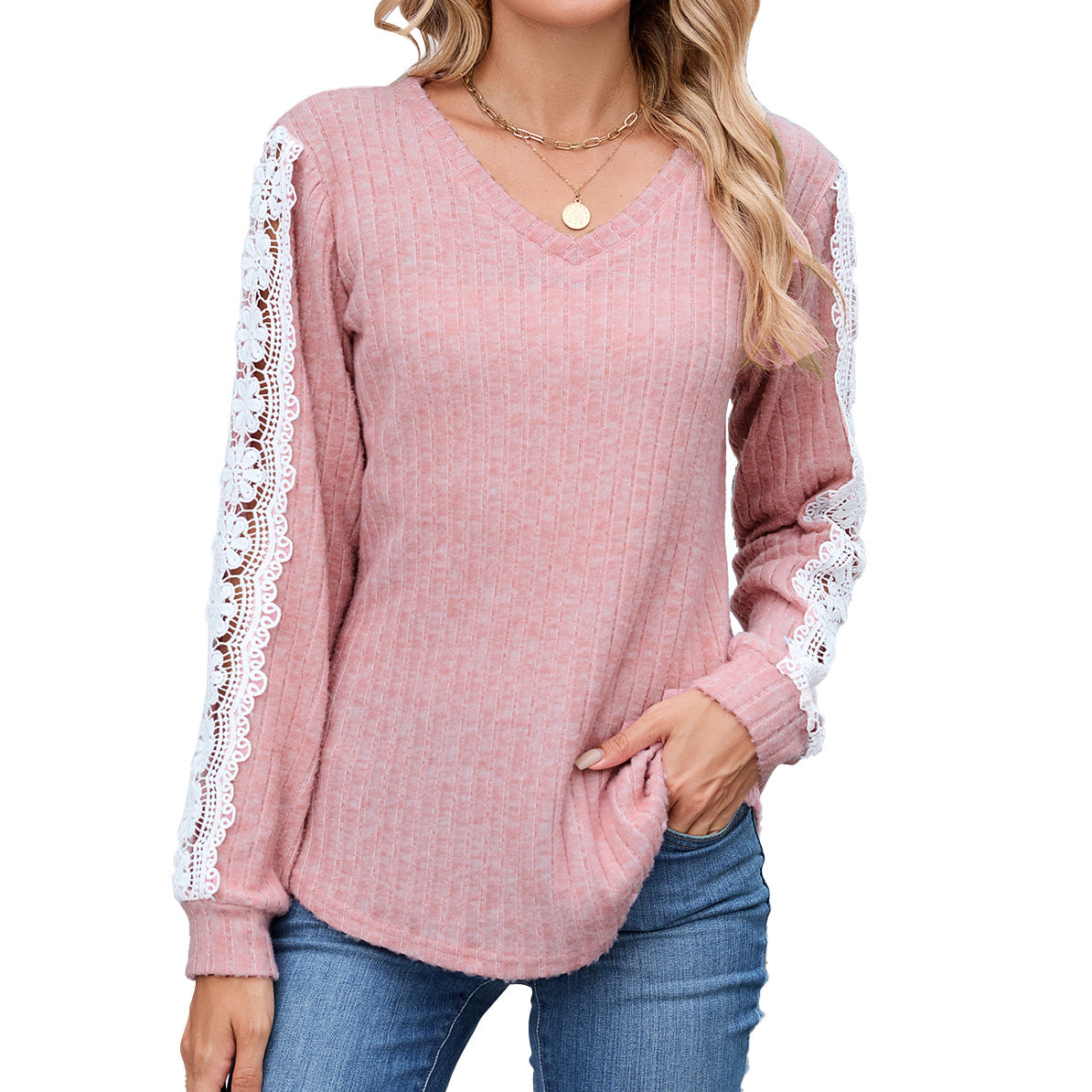 Dames Pull V-Ajusté à Col en V avec Détails en Dentelle Chic und Stil