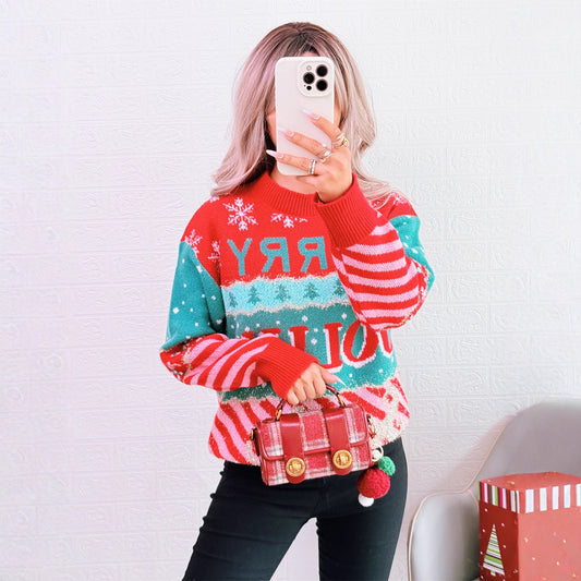 Pull en tricot festif pour femmes avec un design de Noël créatif Chic und Stil