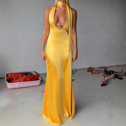 Robes Maxi Élégante pour Femmes avec Décolleté en V Profond et Ceinture Lien Étroite Chic und Stil