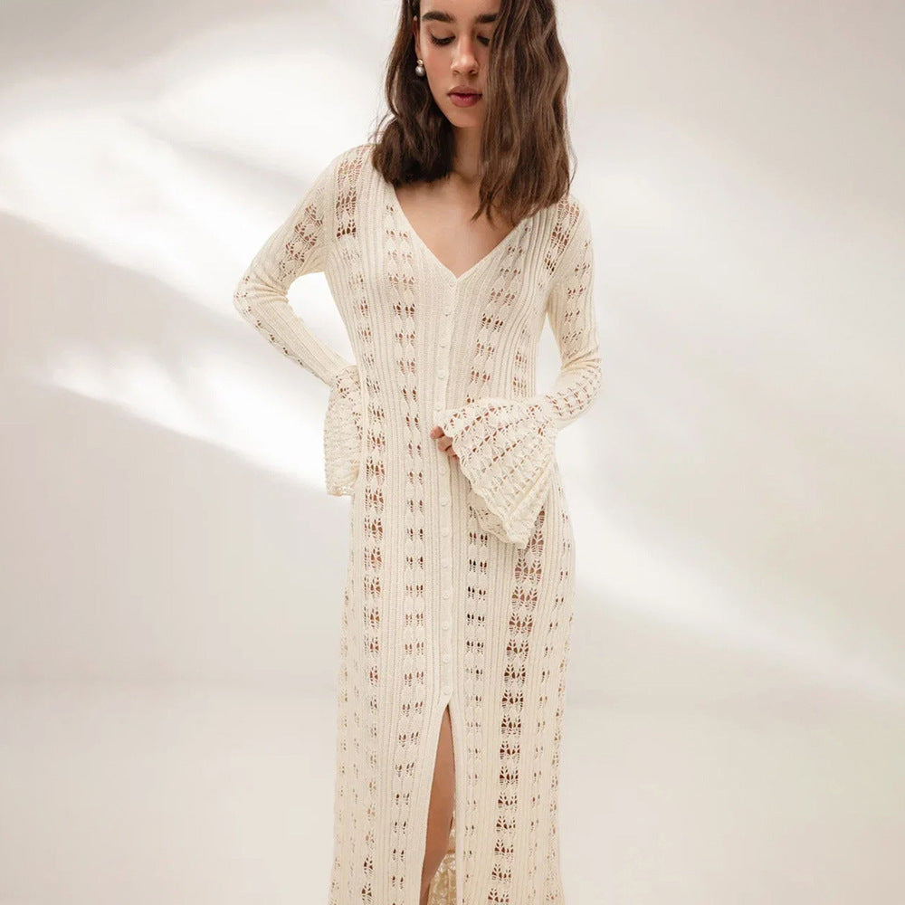 Robe en tricot pour femmes avec des manches volumineuses et un motif de crochet raffiné Chic und Stil