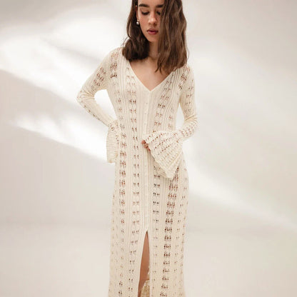 Robe en tricot pour femmes avec des manches volumineuses et un motif de crochet raffiné Chic und Stil