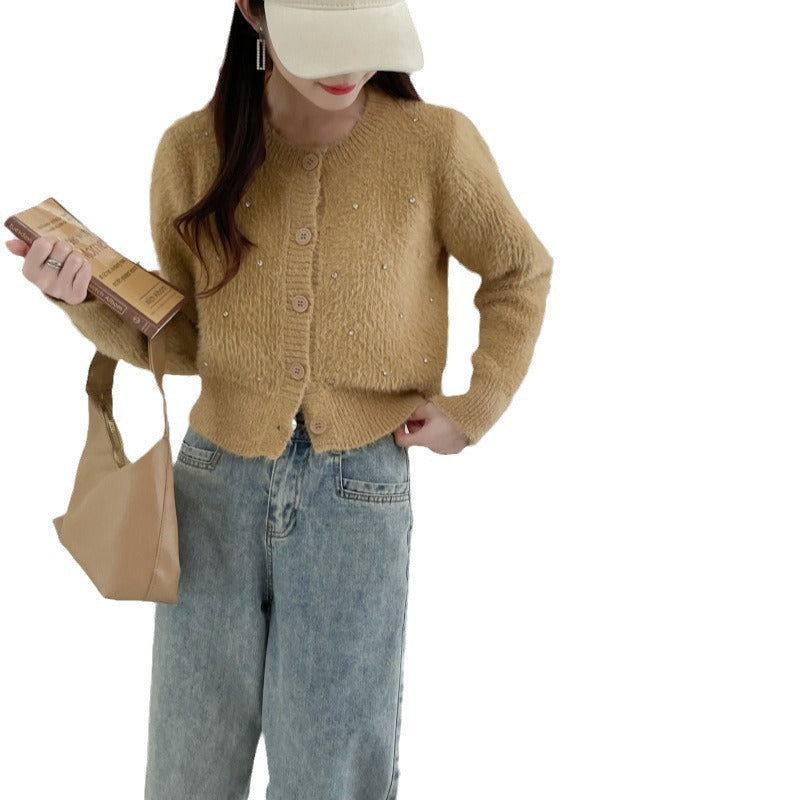 Dames élégante cardigan en tricot avec des accents de perles tendance Chic und Stil