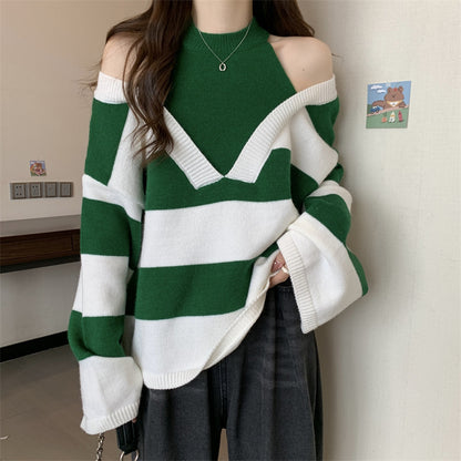 Ladies Oversized V-neck Pullover with trendy striped pattern and open shoulder design Chic and Style