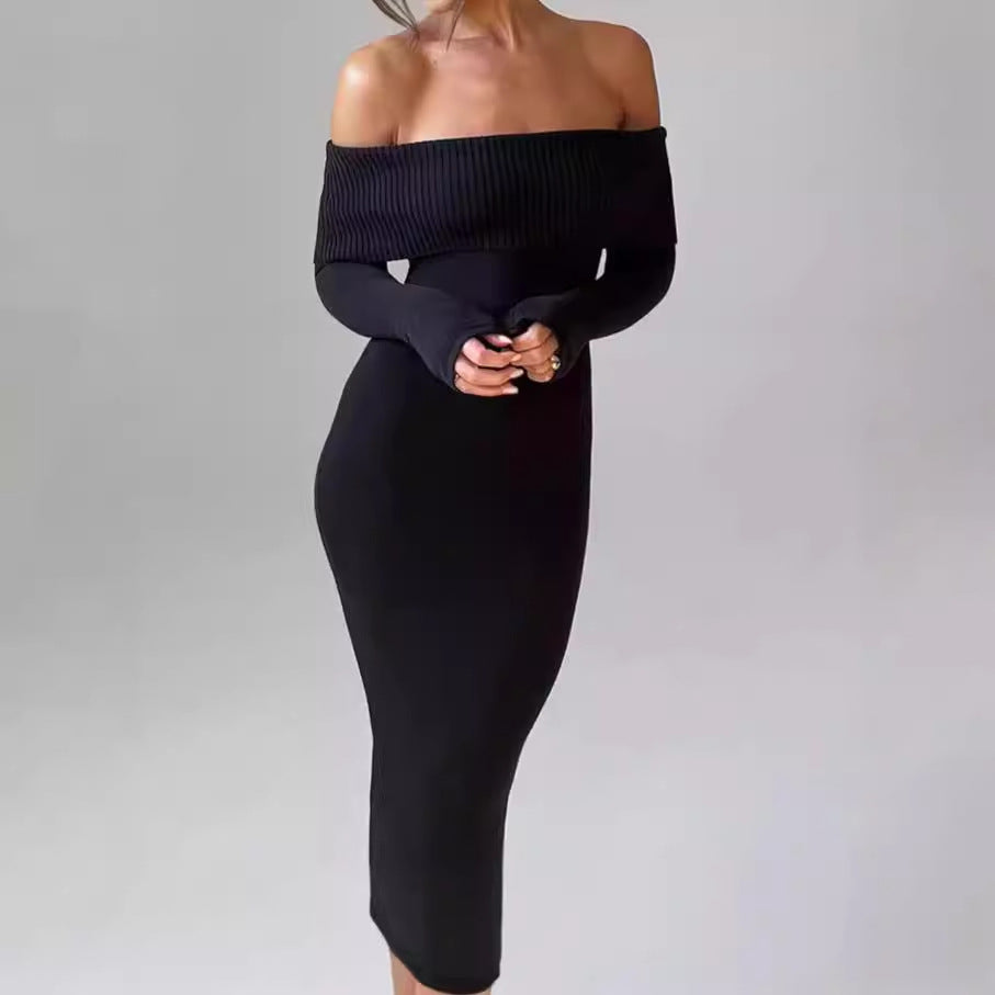 Robe maxi cintrée pour femmes, décolletée épaule dénudée, avec manches longues Chic und Stil