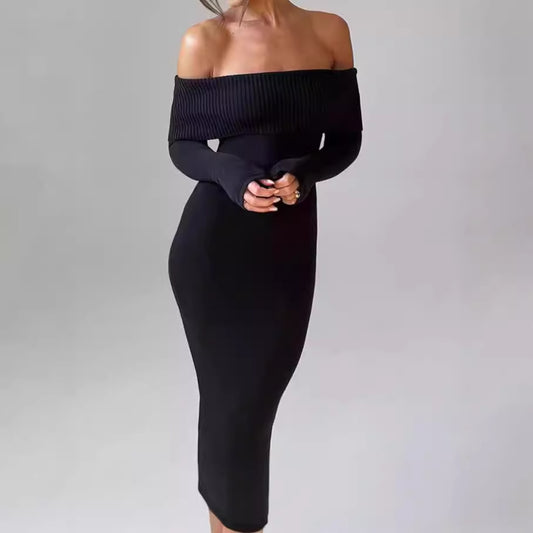 Robe maxi cintrée pour femmes, décolletée épaule dénudée, avec manches longues Chic und Stil