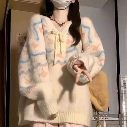 Pull décontracté pour femmes avec décolleté en V et lacets à la mode Chic und Stil