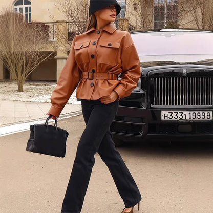 Faux leather jacket for women with fitted cut and belt Chic und Stil