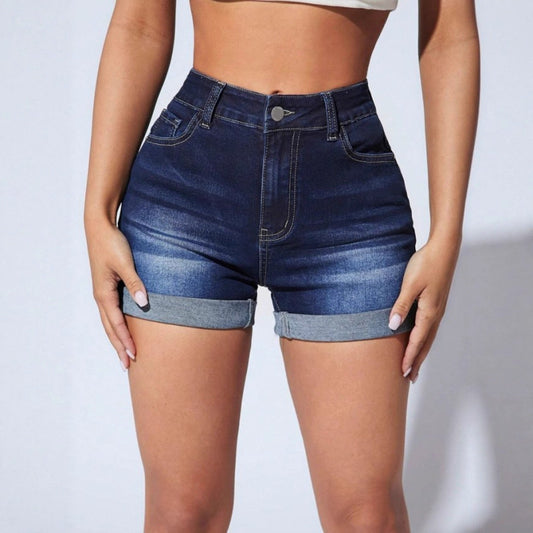 Shorts en denim taille haute pour femmes avec ourlet retroussé et design effiloché Chic und Stil