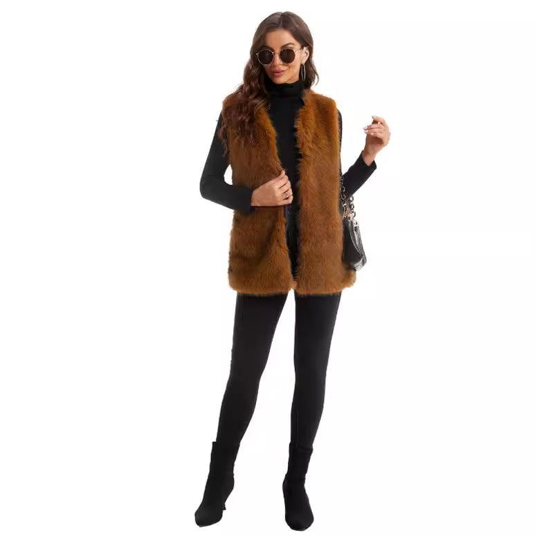 Dames Gilet en fourrure synthétique douce avec design ouvert et poches latérales Chic und Stil
