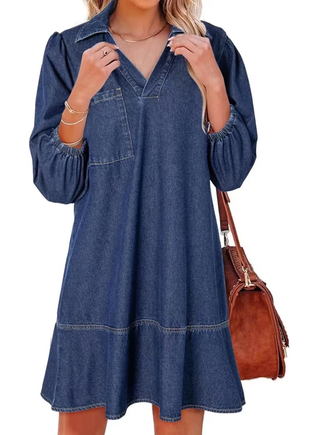 Robe en denim pour femmes avec des manches volumineuses et une poche latérale Chic und Stil