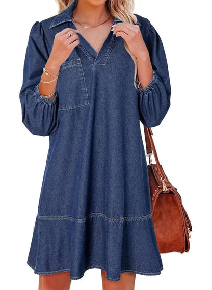 Robe en denim pour femmes avec des manches volumineuses et une poche latérale Chic und Stil
