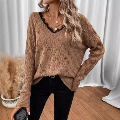 Pull en tricot pour femmes avec décolleté en V élégant et fine structure en dentelle Chic und Stil