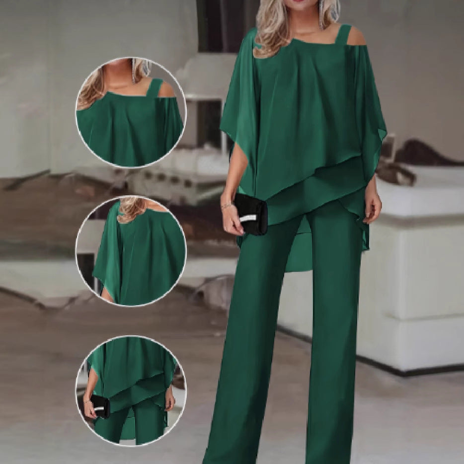 Dames Ensemble Élégant Deux Pièces avec Haut Fluide et Pantalon Évasé Chic und Stil