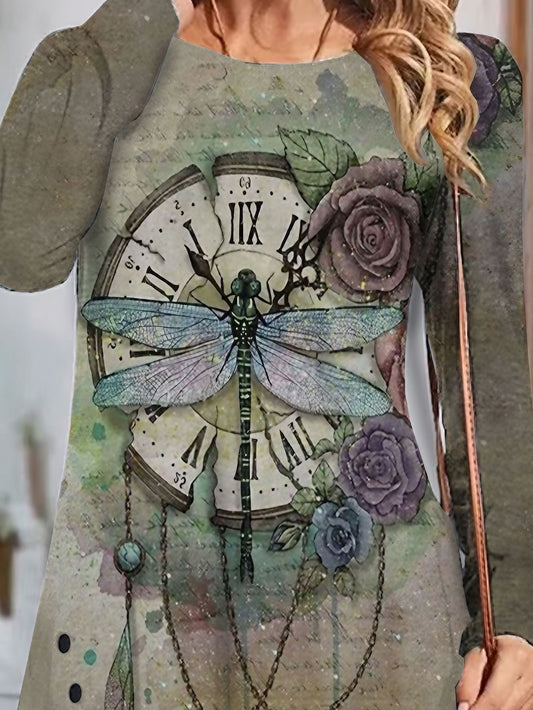 Robe longue artistique à manches longues pour dames avec motif de libellule Chic und Stil