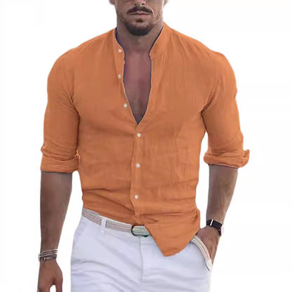 Chemise en lin décontractée pour hommes avec col montant moderne et manches roulables Chic und Stil