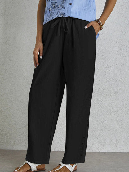 Women Elastic Waist Casual Cut Pants with Chic Button Details