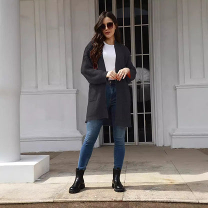 Cardigan en maille décontracté pour femmes avec poches ouvertes et motif gaufré moderne Chic und Stil